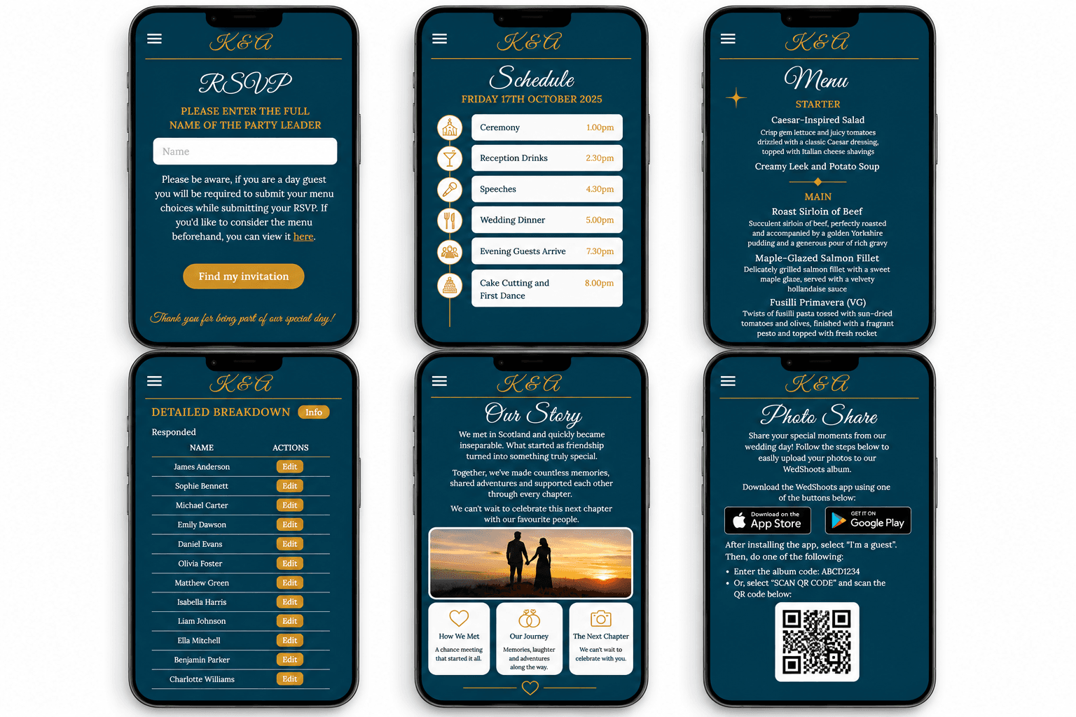 Preview of a wedding website showing RSVP, timeline, guest management and photo gallery; personal details anonymised